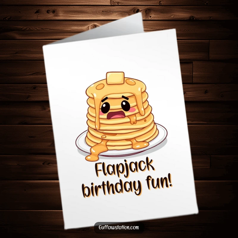Funny Free Printable Birthday Card: Startled pancakes comically slide off a plate, celebrating with breakfast chaos.