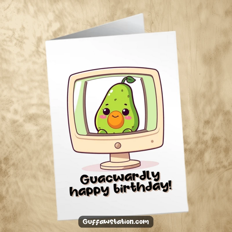 Funny Free Printable birthday card, a curious avocado peeking out from a giant computer screen, celebrating a birthday online.