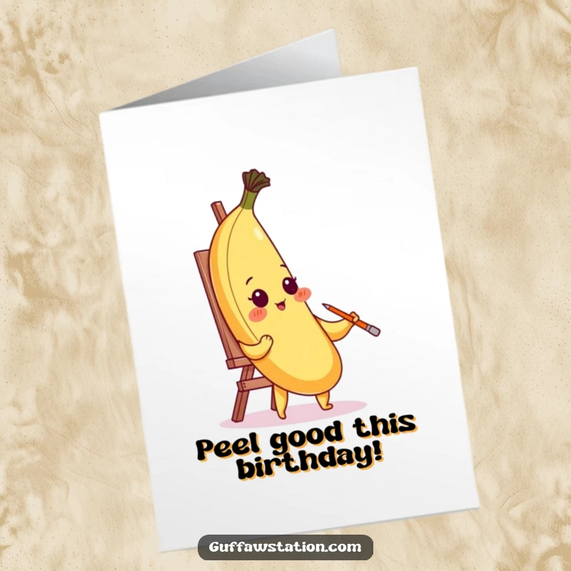 Funny Free Printable Birthday Card: Blushing banana humorously tries to paint self-portrait using its peel. Artistic and silly.