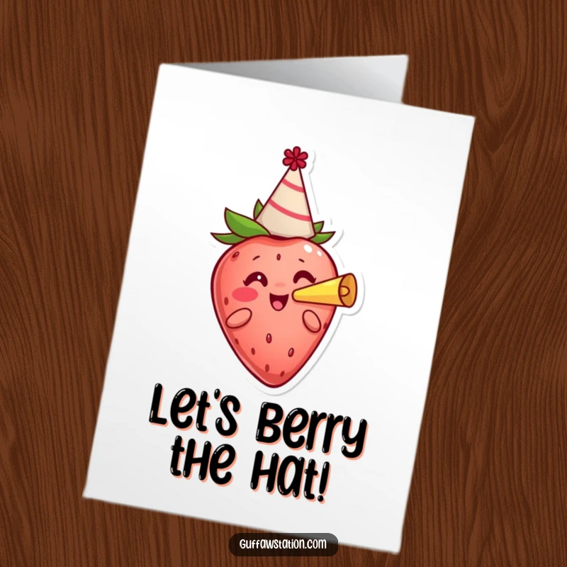 Funny Free Printable Birthday Card: A cheerful strawberry character wearing a tiny party hat and blowing a party horn with joy.