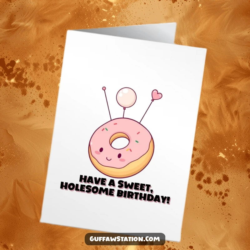 Funny Free Printable birthday card of a chubby donut with a surprised expression, accidentally inflating and floating gently towards the sky.