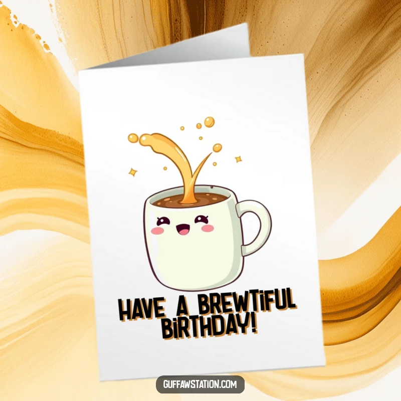 Funny Free Printable Birthday Card: Giggling coffee mug overflowing with sparkling liquid, celebrating a joyous occasion.