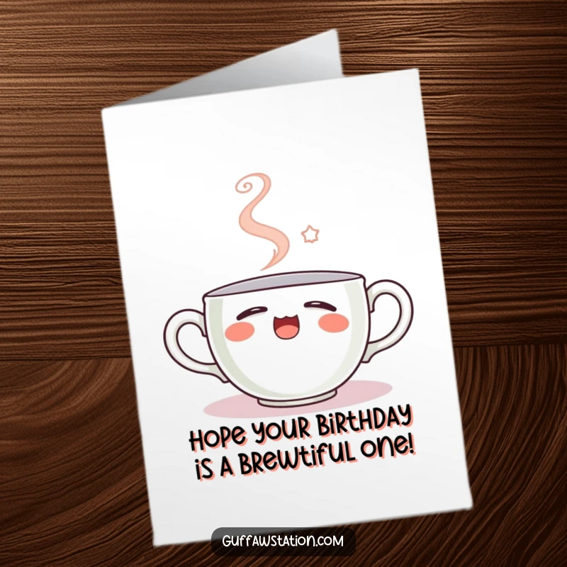 Funny Free Printable birthday card showing a sleepy teacup mid-yawn, with steam gracefully curling into a cheerful smiley face.