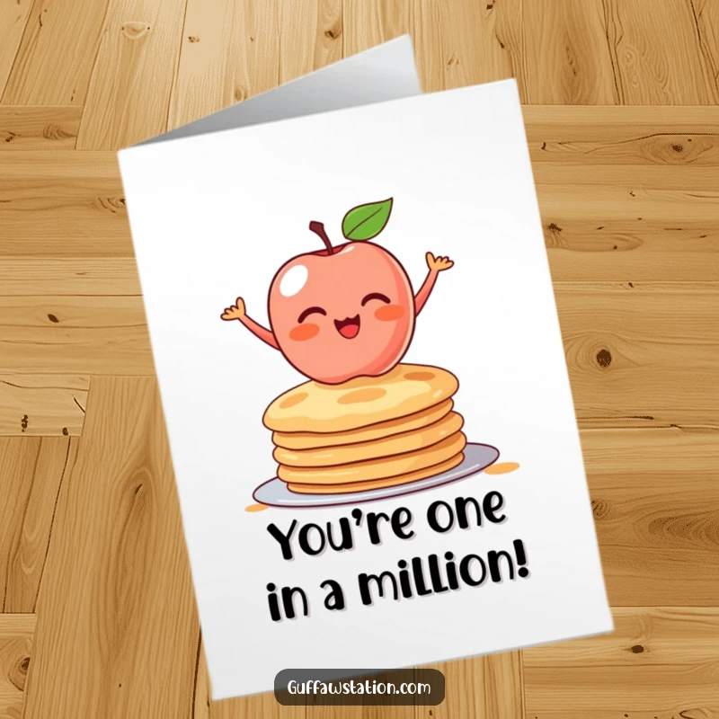 Funny Free Printable Birthday Card: A cute, blushing apple precariously balancing on a tall stack of fluffy pancakes, celebrating joyfully.