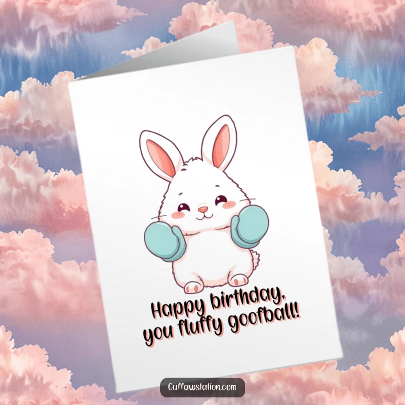 Funny Free Printable Birthday Card: A fluffy bunny adorably wears oven mitts as mittens, looking slightly confused but sweet.