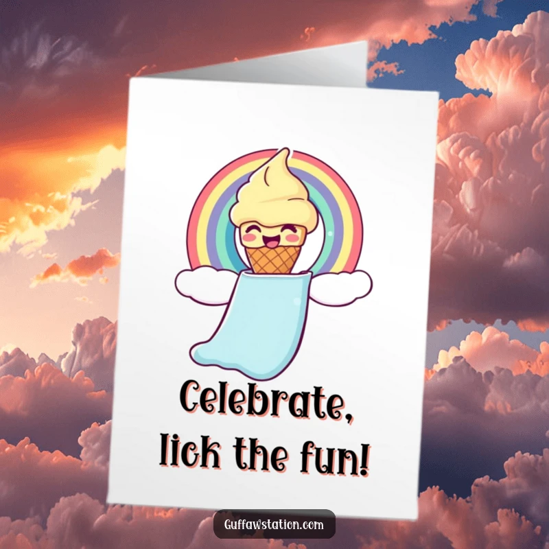 Funny Free Printable Birthday Card: A giggling ice cream cone joyfully slides down a vibrant rainbow chute.