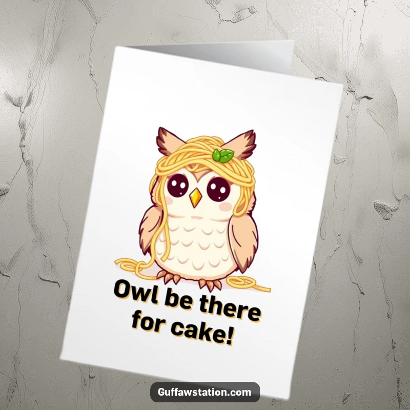 Funny Free Printable Birthday Card: A cute owl covered in spaghetti looks bewildered yet gleeful, celebrating a messy birthday.