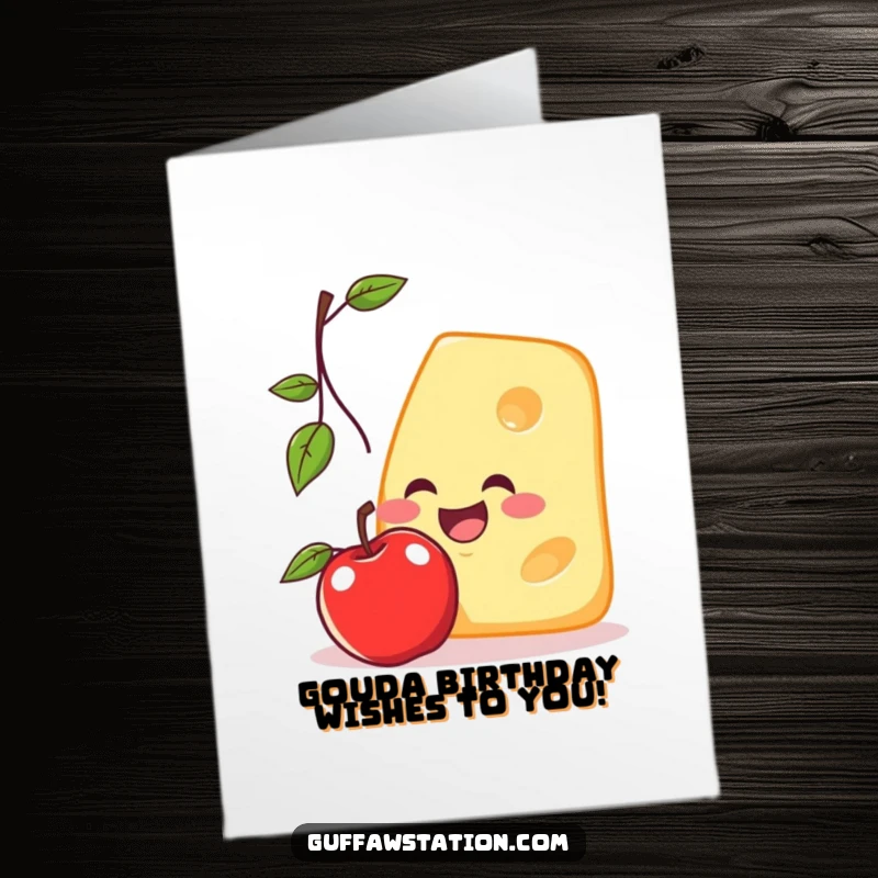 Funny Free Printable Birthday Card: Smiling cheese slice comically misses falling apple, pure birthday humor.
