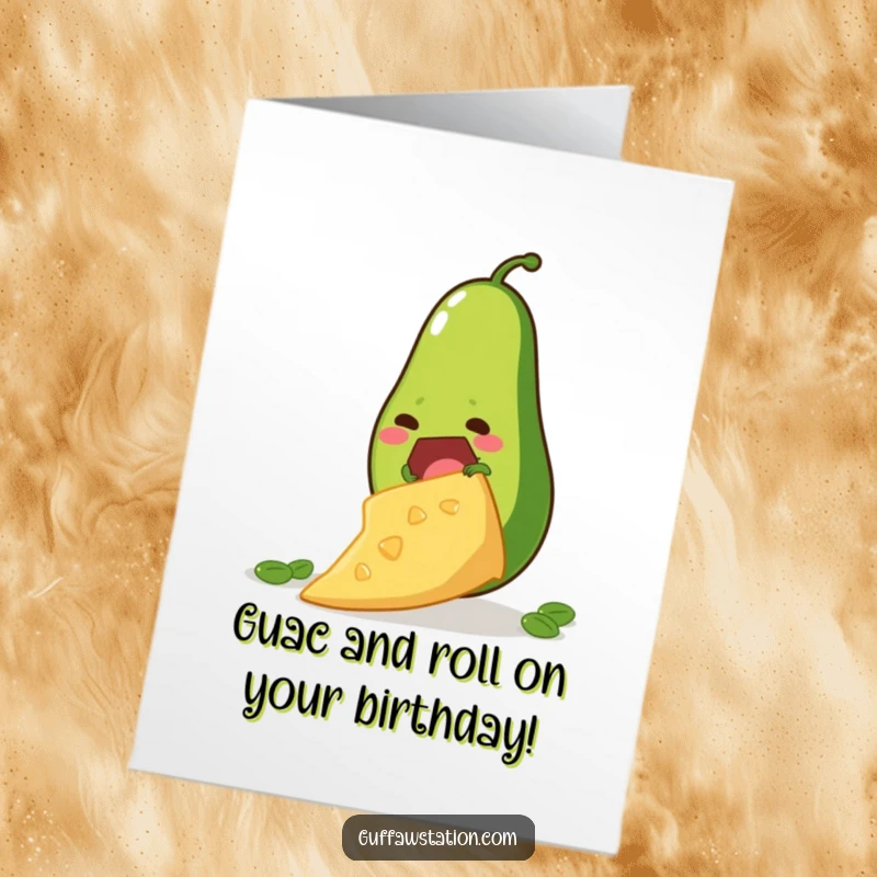 Funny Free Printable Birthday Card: A determined avocado scaling a huge tortilla chip, aiming for the top, celebrating a milestone.