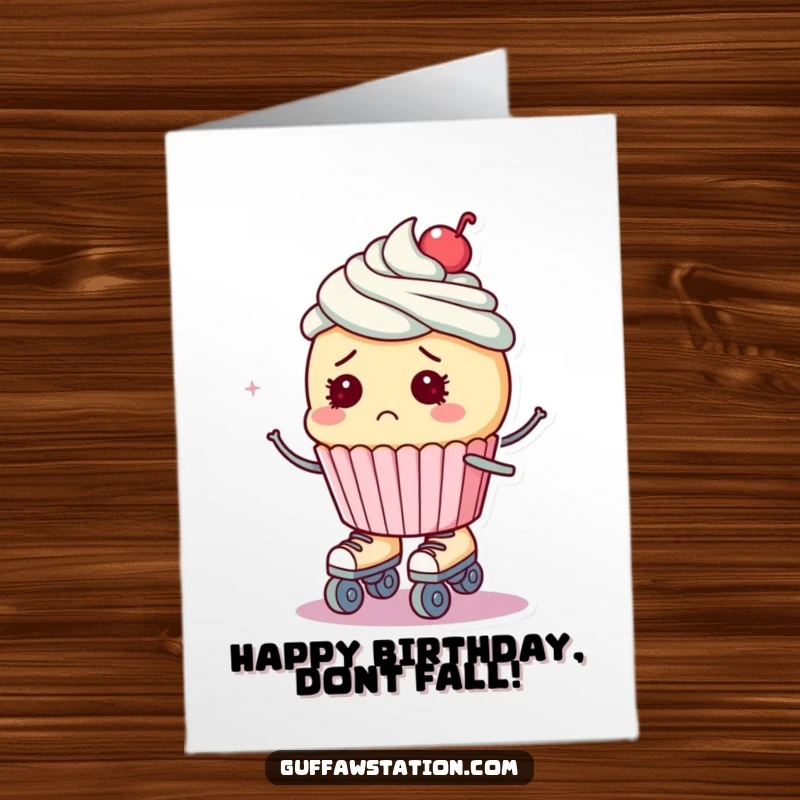 Funny Free Printable Birthday Card: A bewildered cupcake on roller skates is about to take a tumble.