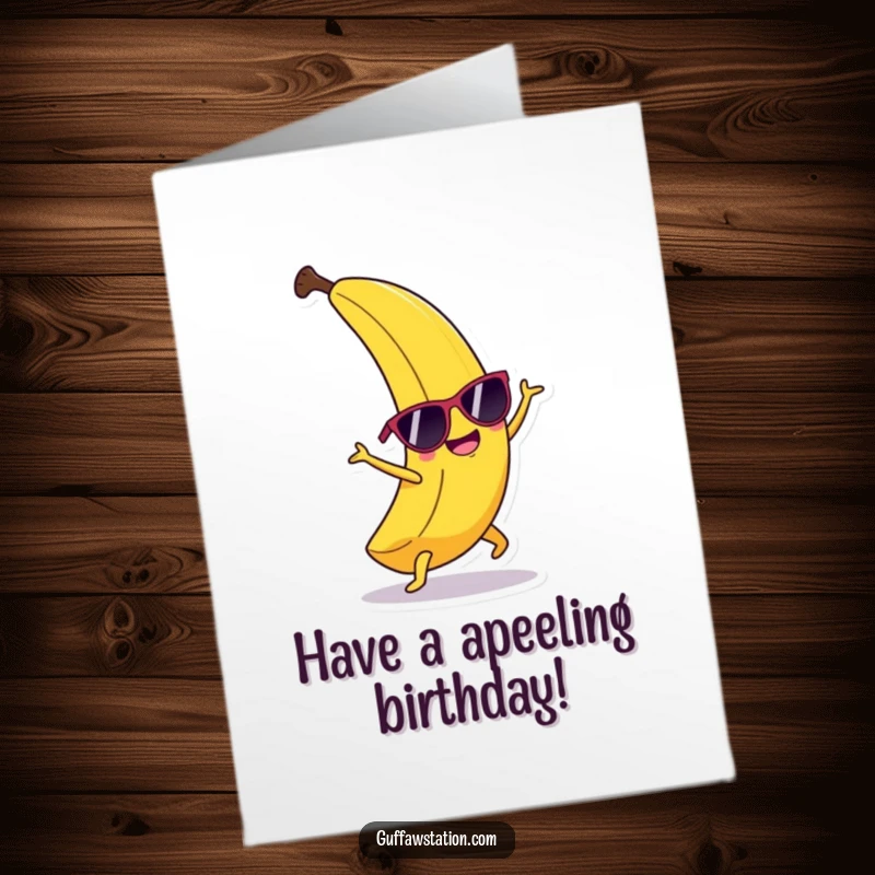 Funny Free Printable Birthday Card: A happy banana in sunglasses attempts a cartwheel with joyful energy.