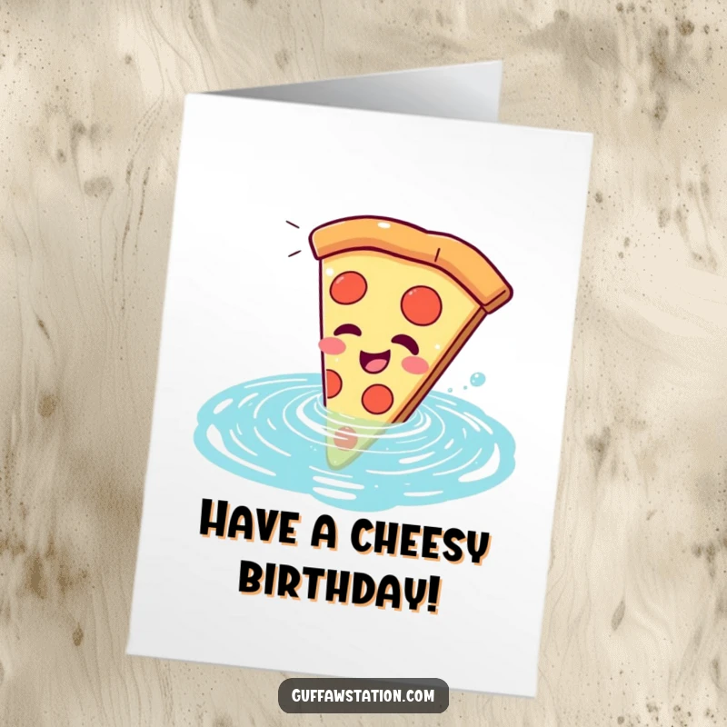 Funny free printable birthday card showing a happy, giggling slice of pizza comically falling into a blue swimming pool.
