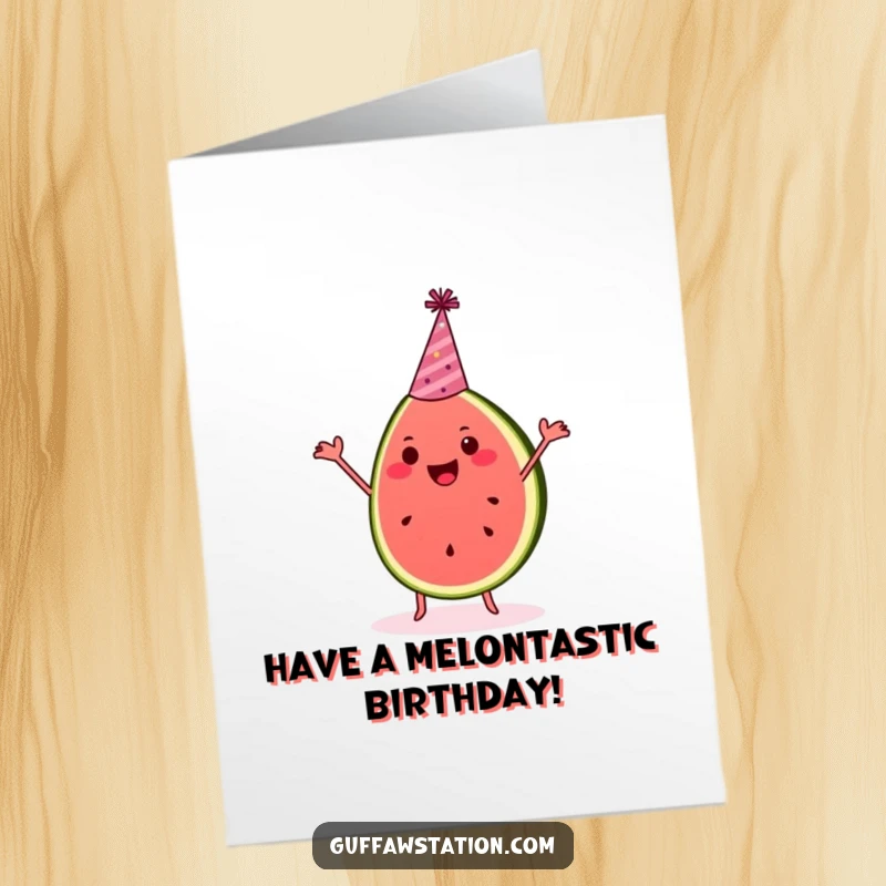 Funny Free Printable Birthday Card: A joyful slice of watermelon wearing a party hat, energetically dancing to celebrate a birthday.