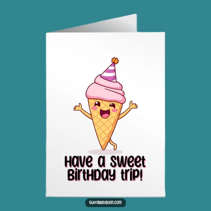 Free Printable Funny Ice Cream Birthday Card: Party Hat Cone Dancing for Joyful Wishes