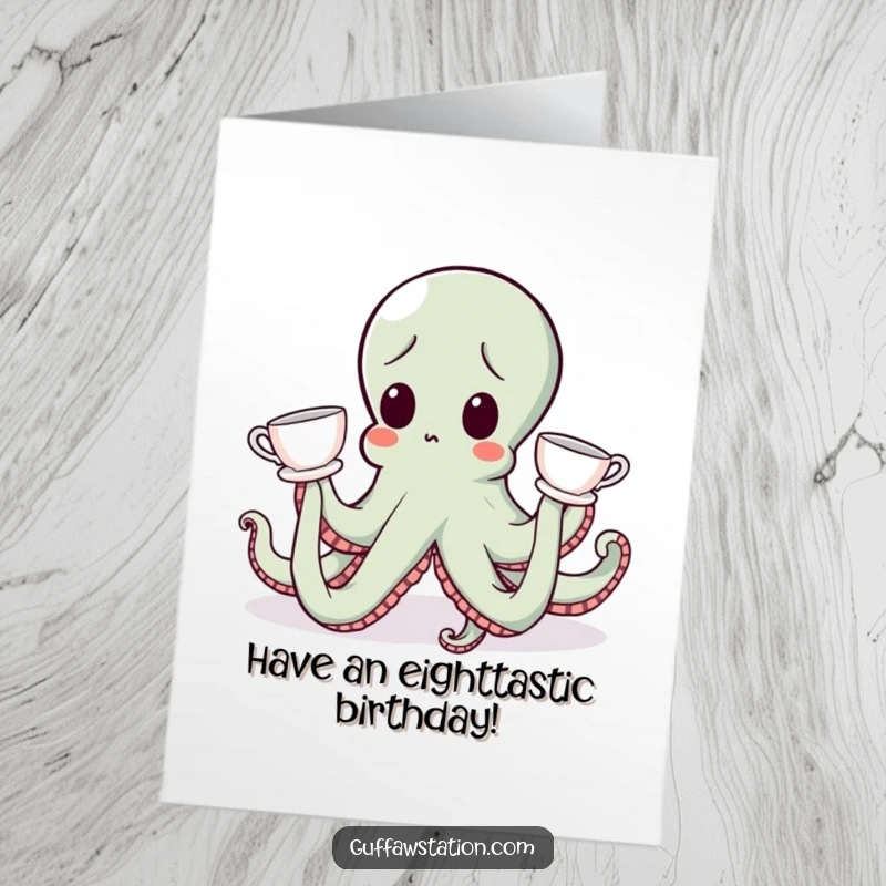 Funny Free Printable Birthday Card: A clumsy octopus wears teacups on tentacles, looking hilariously surprised.