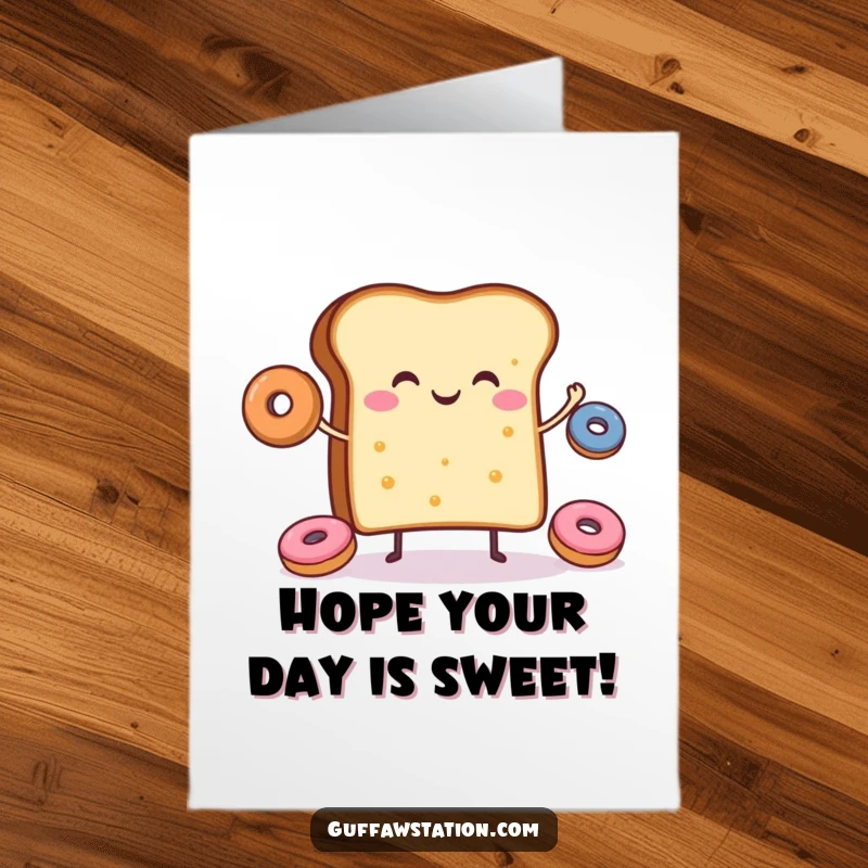 Funny Free Printable Birthday Card: A cheerful slice of toast happily juggles tiny donuts, celebrating.
