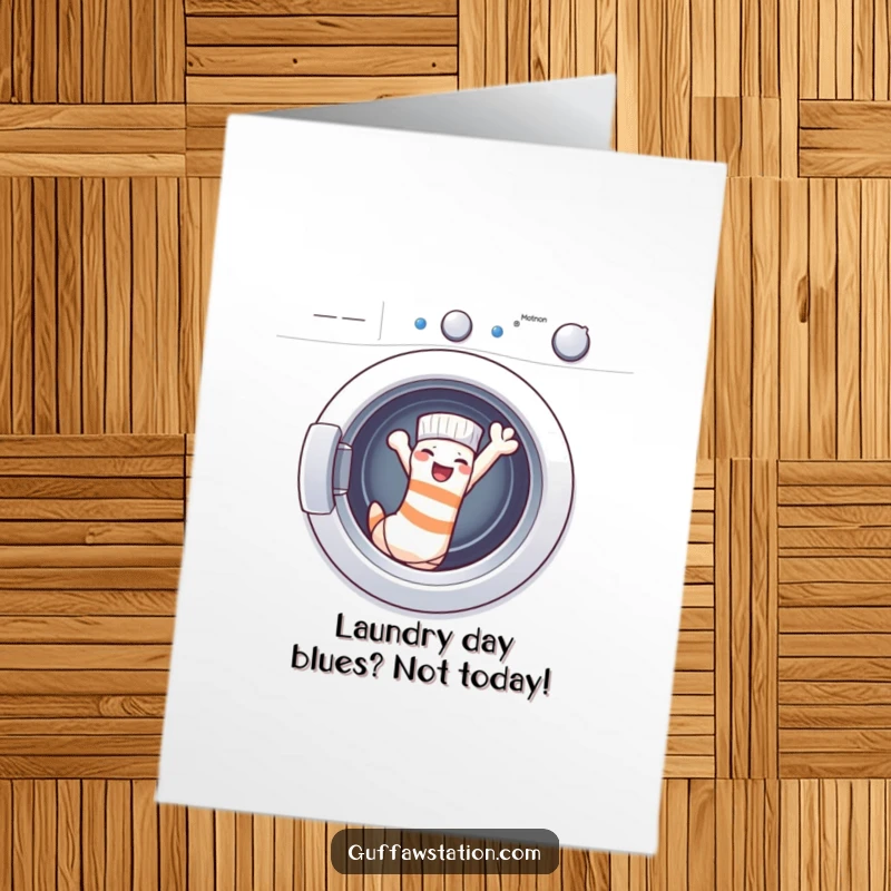 Funny Free Printable Birthday Card: Cheeky sock joyfully waving goodbye to the washing machine, a hilarious downloadable greeting.