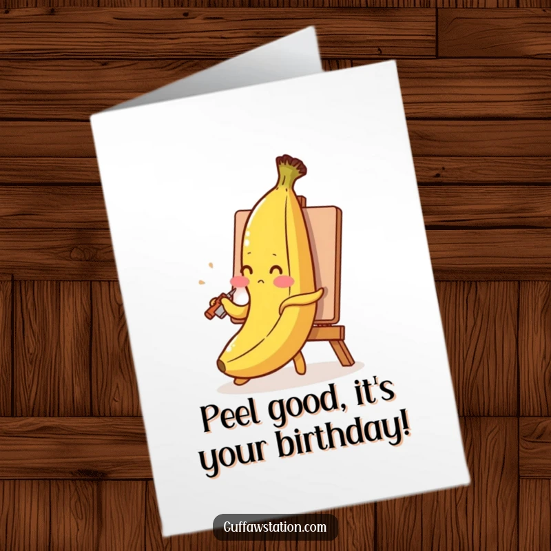Funny Free Printable Birthday Card: A shy banana blushes while painting its portrait with its peel.