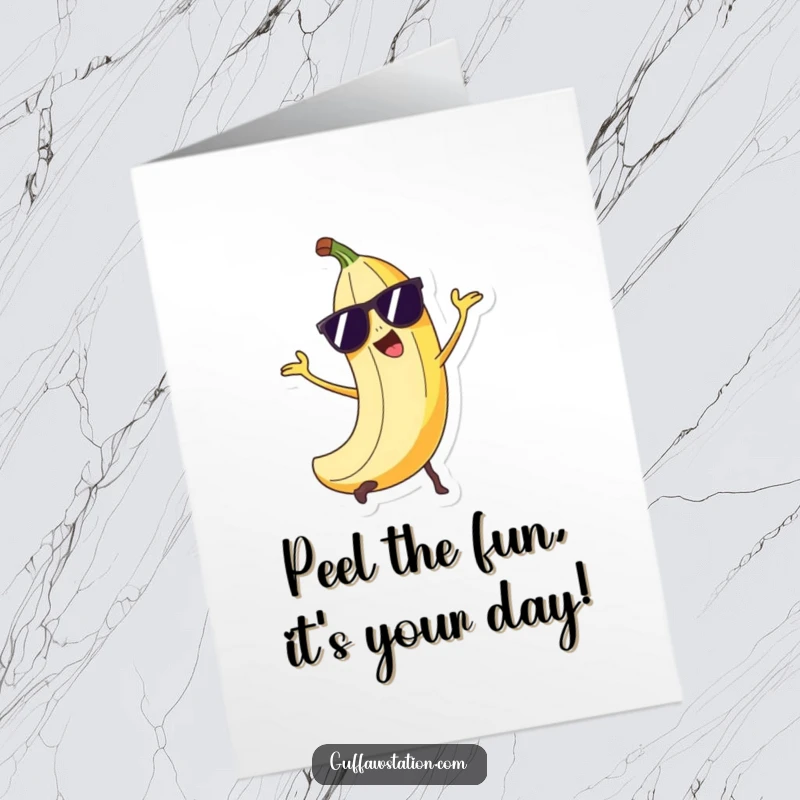 Funny Free Printable Birthday Card: Mischievous banana peel with sunglasses, planning a birthday prank, cool and funny.