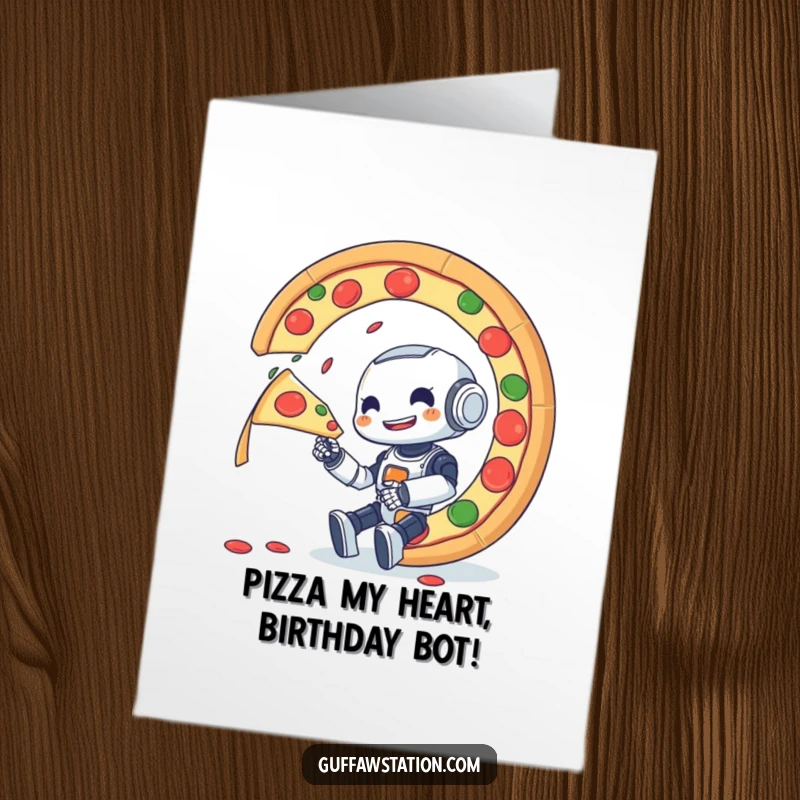 Funny Free Printable Birthday Card: Small robot happily devouring a huge spinning pizza, perfect for a pizza lover.