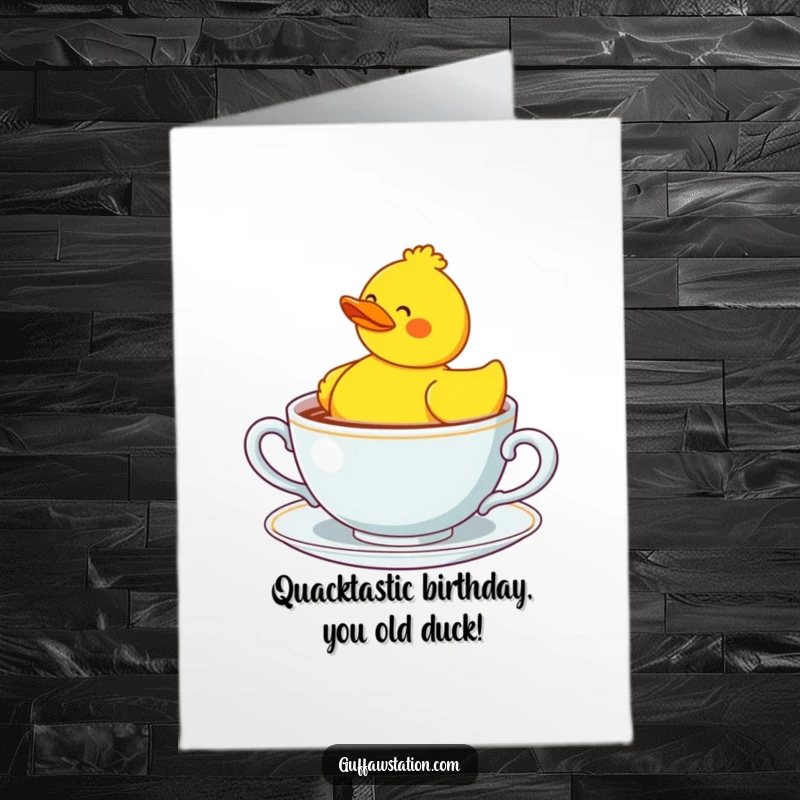 Funny Free Printable Birthday Card: Confused rubber duck swimming in a giant teacup, ready to make someone laugh.