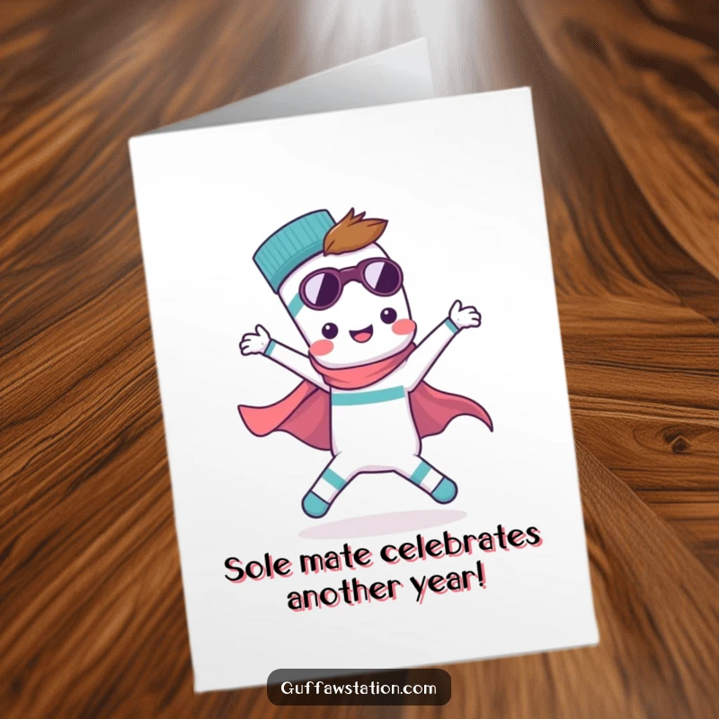 Funny Free Printable Birthday Card: A single sock superhero striking a triumphant pose, missing its partner and ready to save the day.