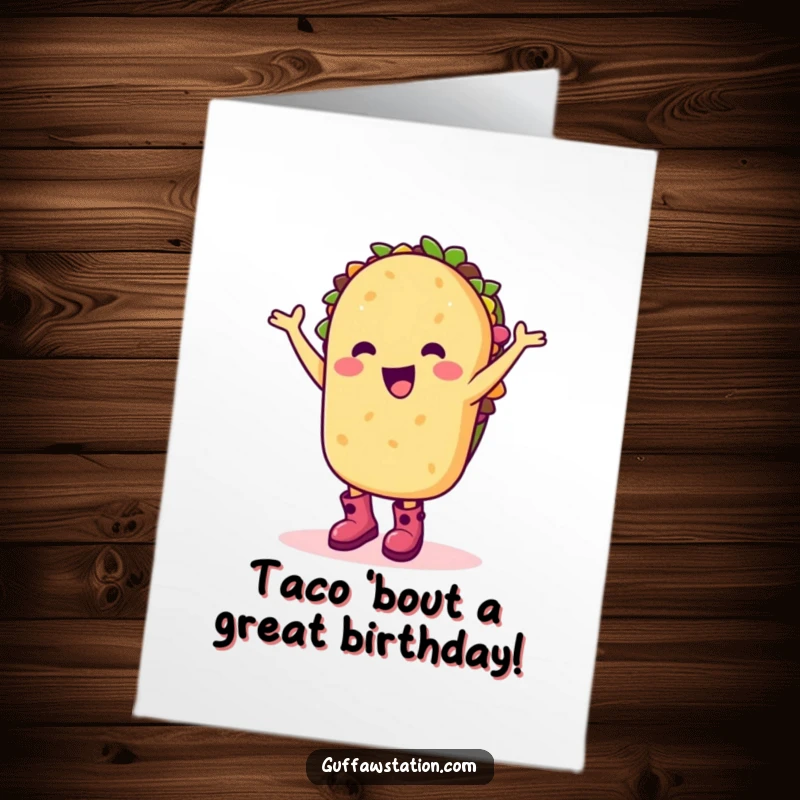 Funny Free Printable Birthday Card: A happy taco wearing boots does a silly dance, ready to party.