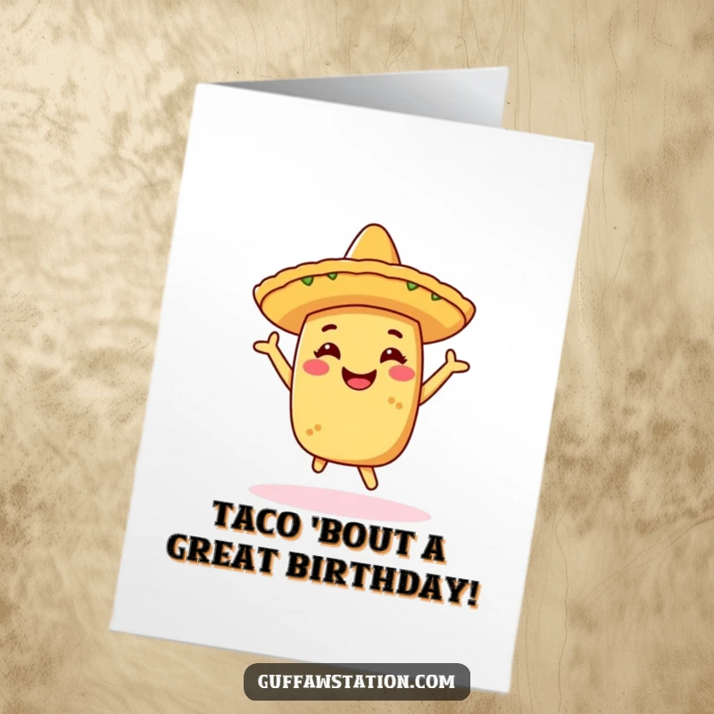 Funny Free Printable Birthday Card: A jubilant taco in a sombrero performs a lively dance, celebrating a birthday fiesta.