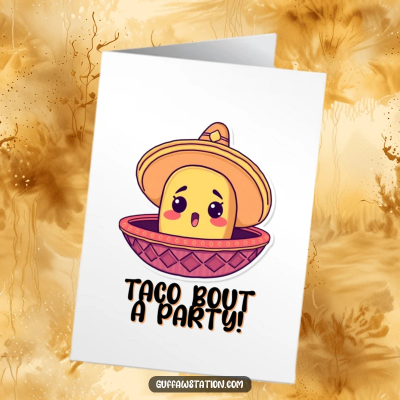 Funny Free Printable Birthday Card: A surprised taco head peeks from a giant sombrero, ready to party.