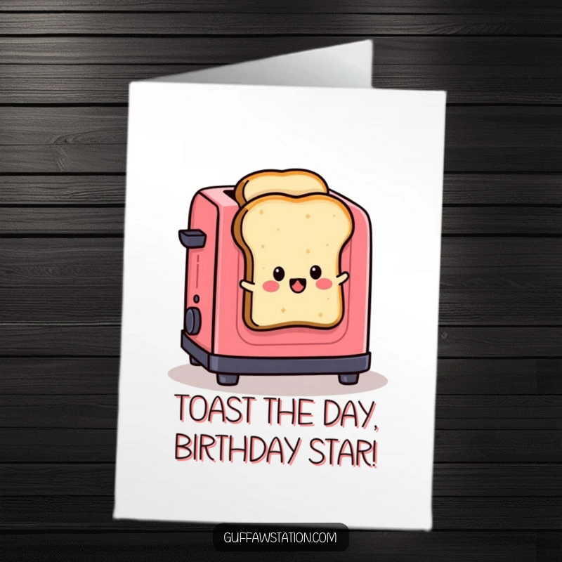 Funny Free Printable Birthday Card: A slice of toast dramatically leaping from a toaster, exclaiming 'Freedom!' against dark background.