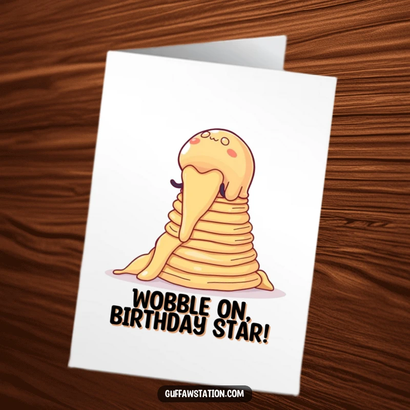Funny Free Printable Birthday Card: A wobbly jelly hilariously attempting to climb a tall mountain of pancakes.