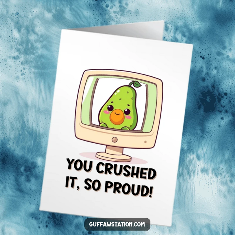 Funny Free Printable congratulations card, a curious avocado peeking from a large computer screen, celebrating a digital accomplishment.