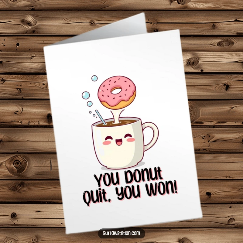 Funny Free Printable Congratulations Card: Coffee mug belching bubbles at a donut, humorously celebrating success.