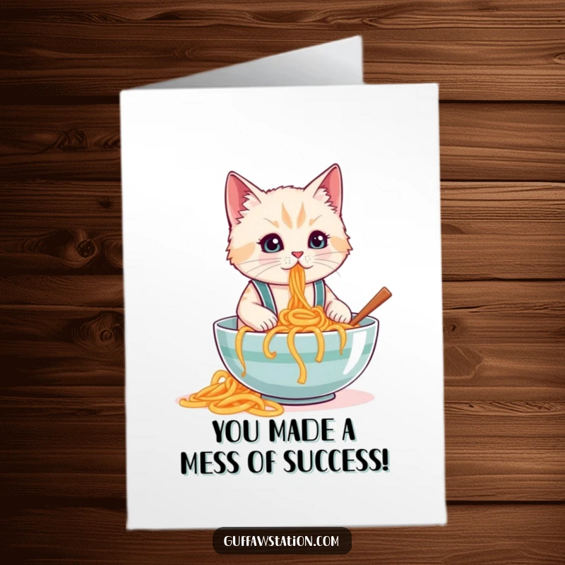 Funny Free Printable congratulations card: A cat wearing small suspenders, accidentally spilling a huge bowl of spaghetti in celebration.