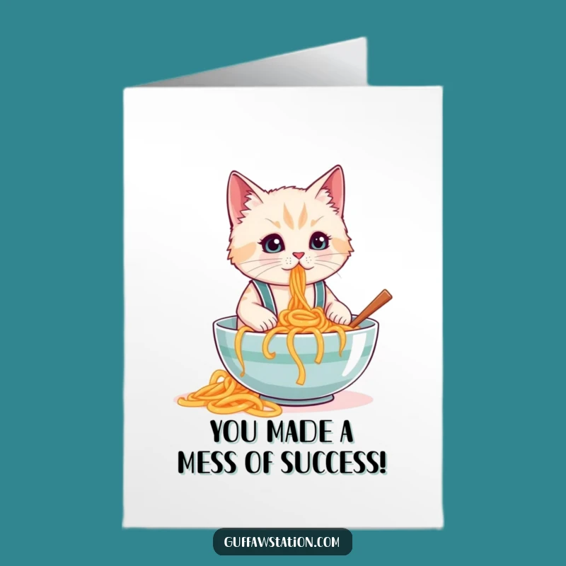 Free Printable Congrats Card: Cat's Spaghetti Spill for Your Big Win!