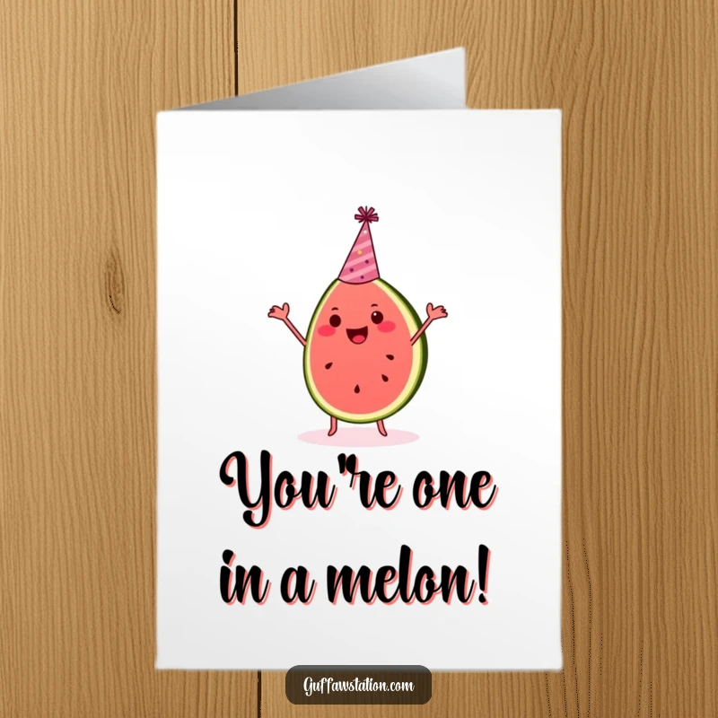 Funny Free Printable Congratulations Card: A happy watermelon slice in a party hat grooves with excitement, celebrating wonderful news.