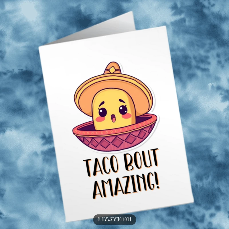 Funny Free Printable Congrats Card: A surprised taco head peeks from a giant sombrero, celebrating a win.