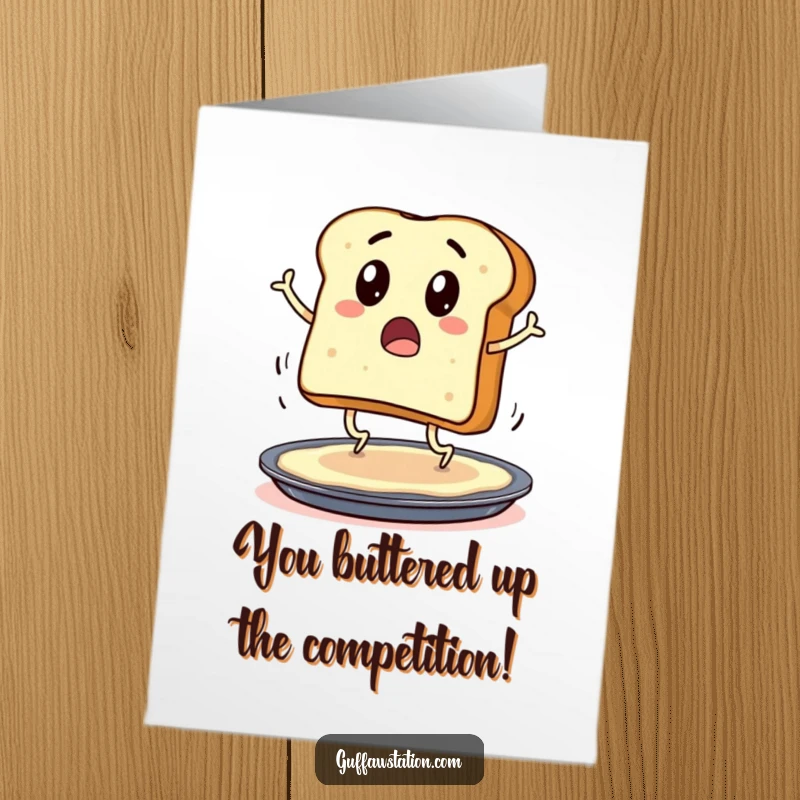 Funny Free Printable Congratulations Card: Surprised toast with legs hops on a buttered pan, symbolizing a lucky break.