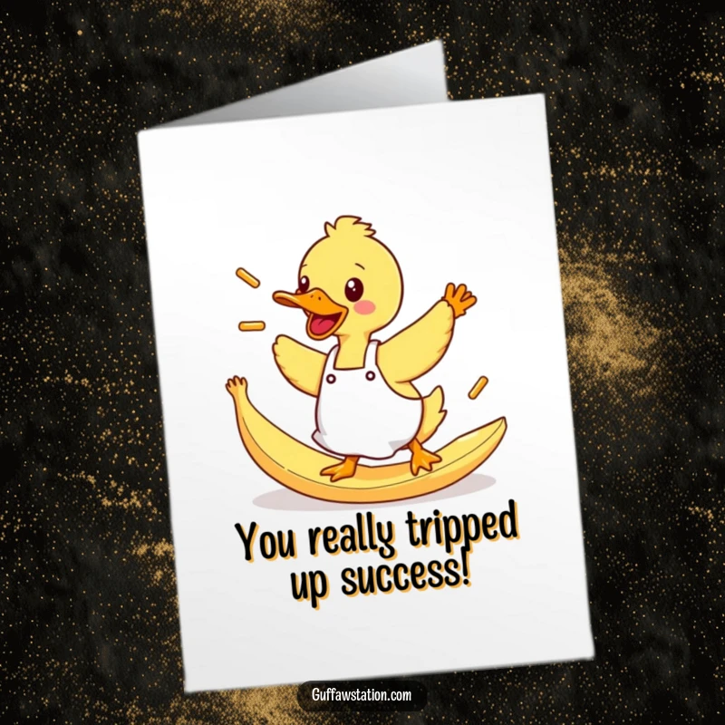 Funny Free Printable Congratulations Card: Duck in apron trips, flinging fries, adding chaotic fun to your celebration.