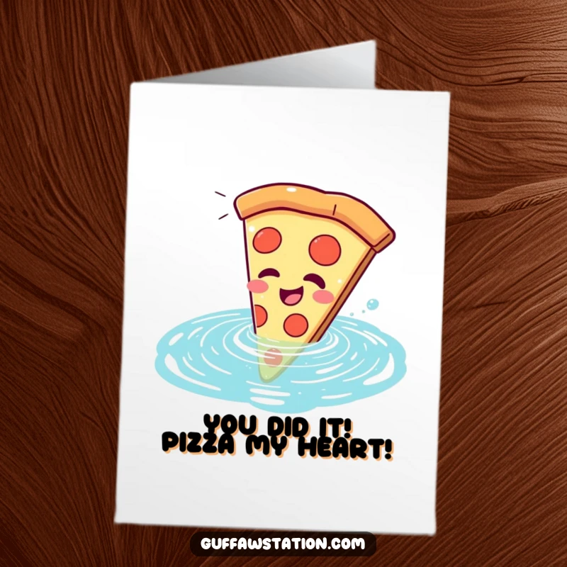 Funny free printable congratulations card of a giggling pizza slice comically plunging into a swimming pool.