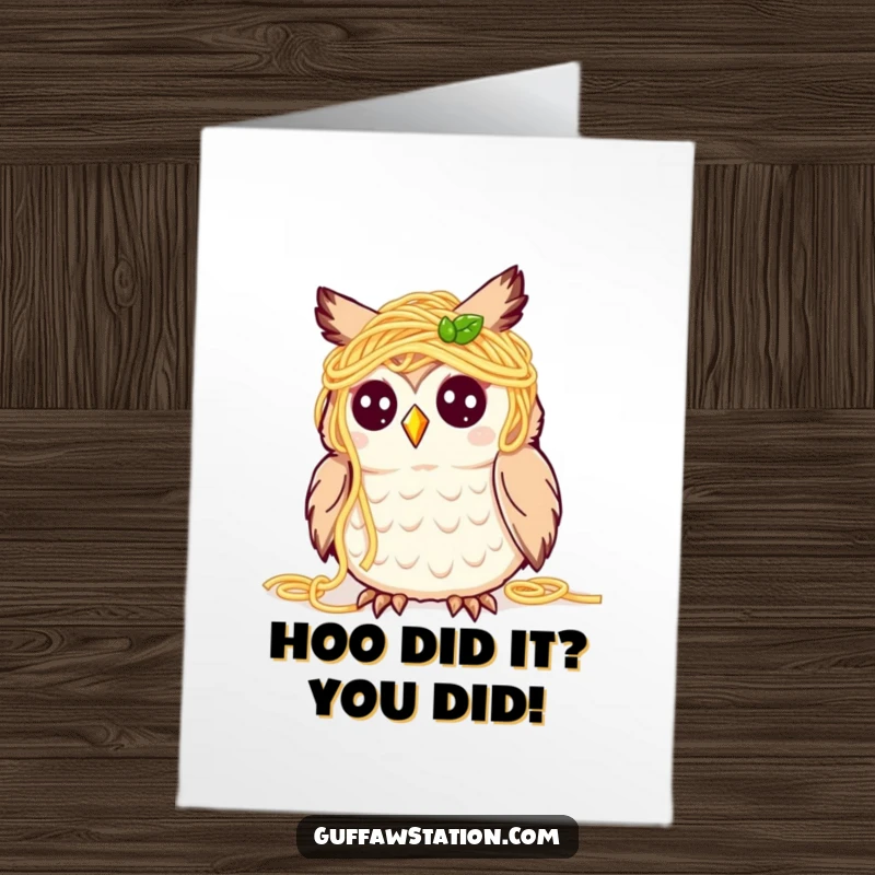 Funny Free Printable Congratulations Card: A happy, slightly bewildered owl coated in spaghetti celebrates a wonderful achievement.