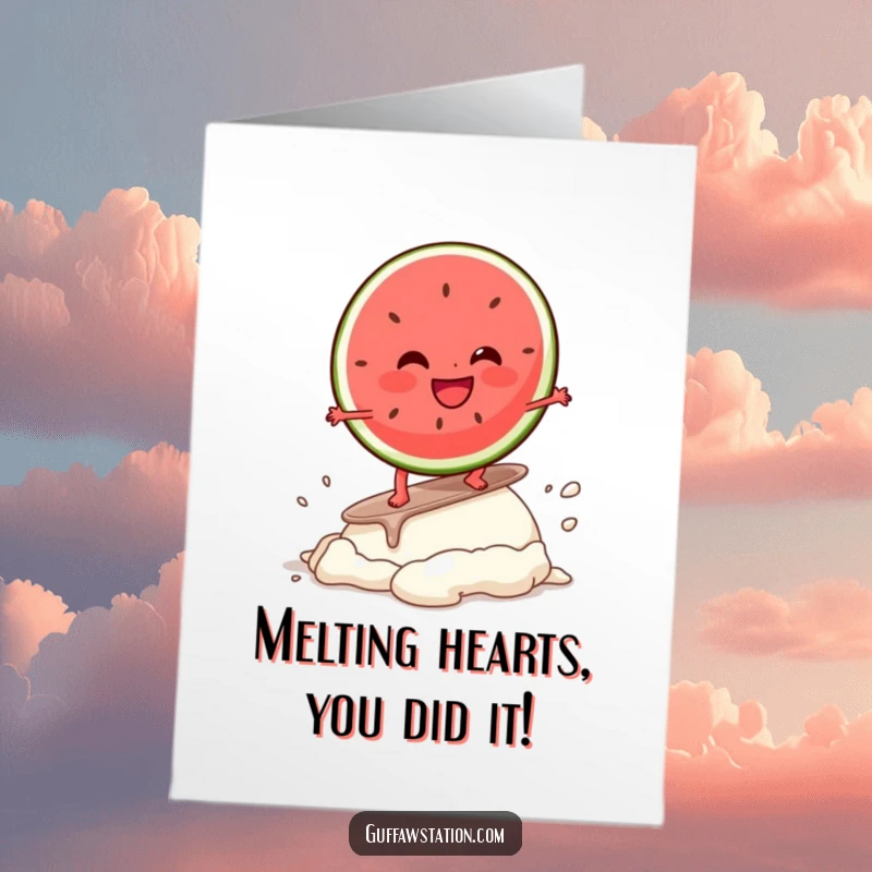 Funny Free Printable Congratulations Card: Giggling watermelon slice surfing a melting ice cream, celebrating victory.
