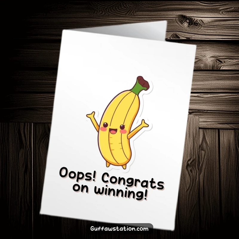 Funny Free Printable Congratulations Card: A banana slipping dramatically on a peel, arms flailing in a humorous moment of surprise.