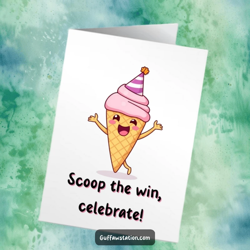 Funny Free Printable Congrats Card: Delighted ice cream cone with party hat dancing, celebrating a sweet achievement.
