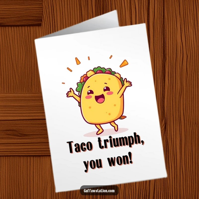 Funny Free Printable Congratulations Card: Ecstatic taco character dancing with its delicious filling erupting.