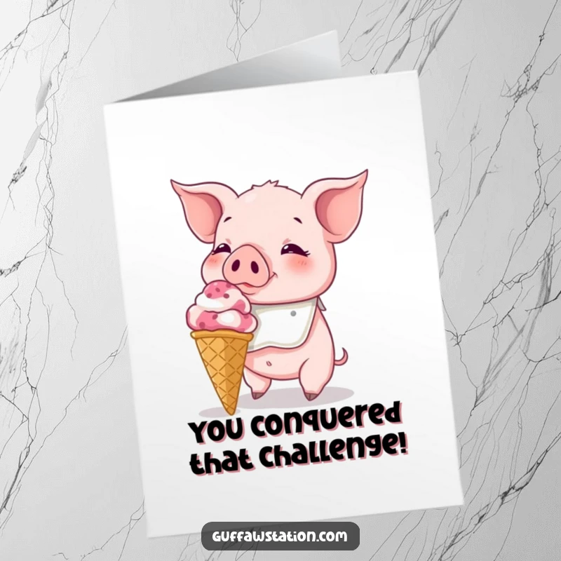 Funny Free Printable Congratulations Card: Piglet in a bib faces the challenge of an enormous ice cream cone, celebrating your win.