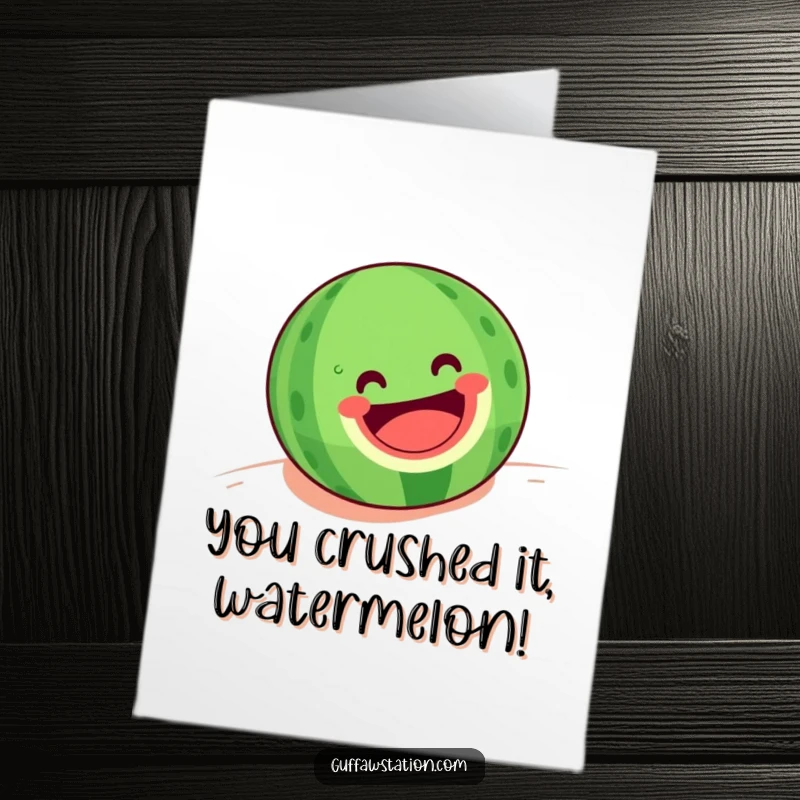 Funny Free Printable Congratulations Card: A happy watermelon with a huge grin, joyfully tumbling downhill, celebrating a grand success.