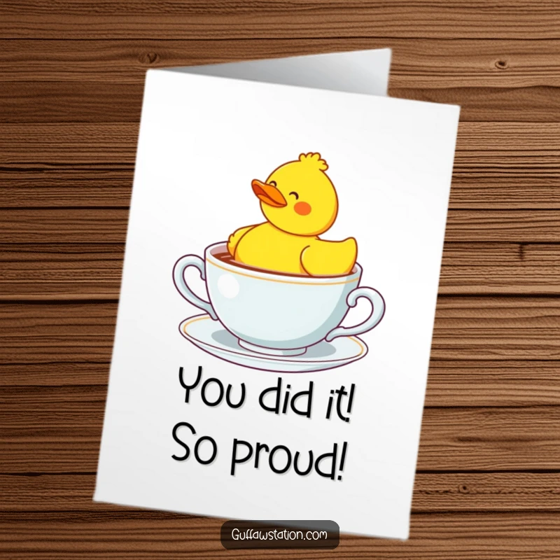 Funny Free Printable Congratulations Card: A bewildered rubber duck floats in a huge teacup, offering congratulations.
