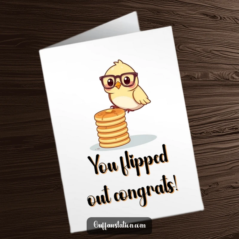 Funny free printable congratulations card: A bird in glasses attempts to keep a precarious stack of pancakes from falling.