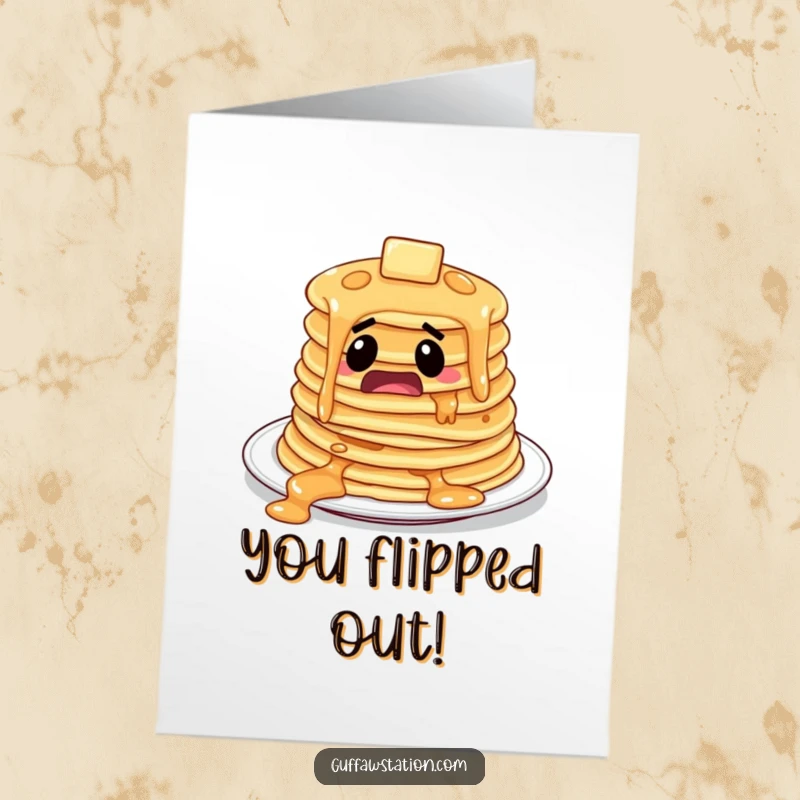 Funny Free Printable Congratulations Card: Startled pancakes slide off a plate, celebrating an achievement hilariously.